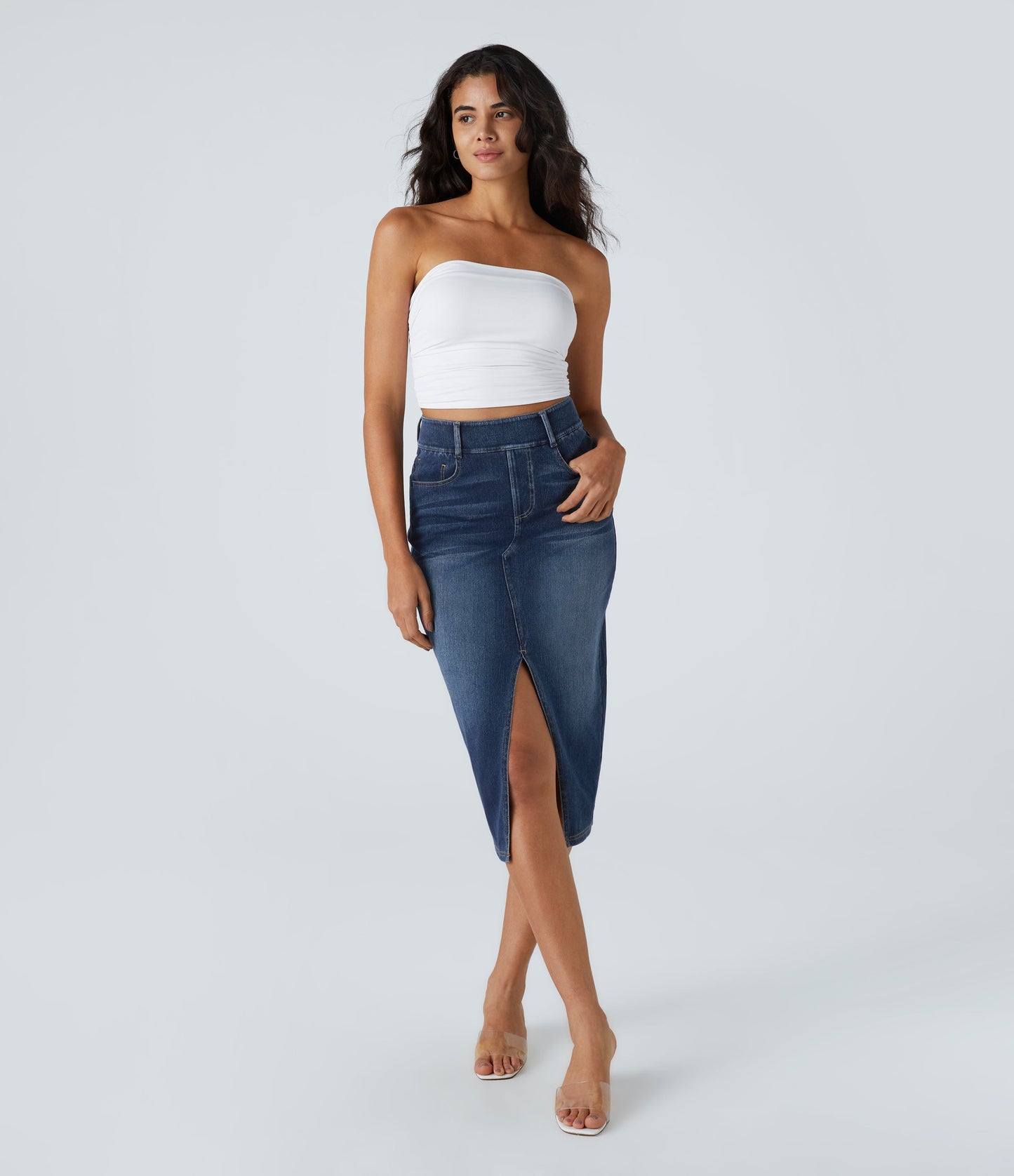 High Waisted Pockets Bodycon Washed Denim Casual Midi Skirt