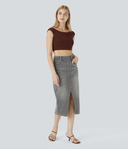 High Waisted Pockets Bodycon Washed Denim Casual Midi Skirt