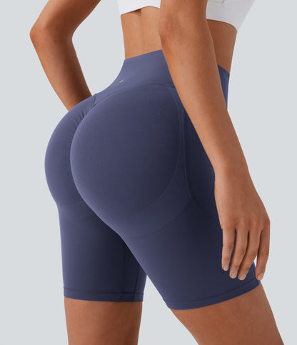 High Waisted Scrunch Butt Lifting Tummy Control Side Pocket Shaping Workout Biker Shorts 7''
