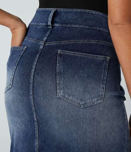 High Waisted Pockets Bodycon Washed Denim Casual Midi Skirt