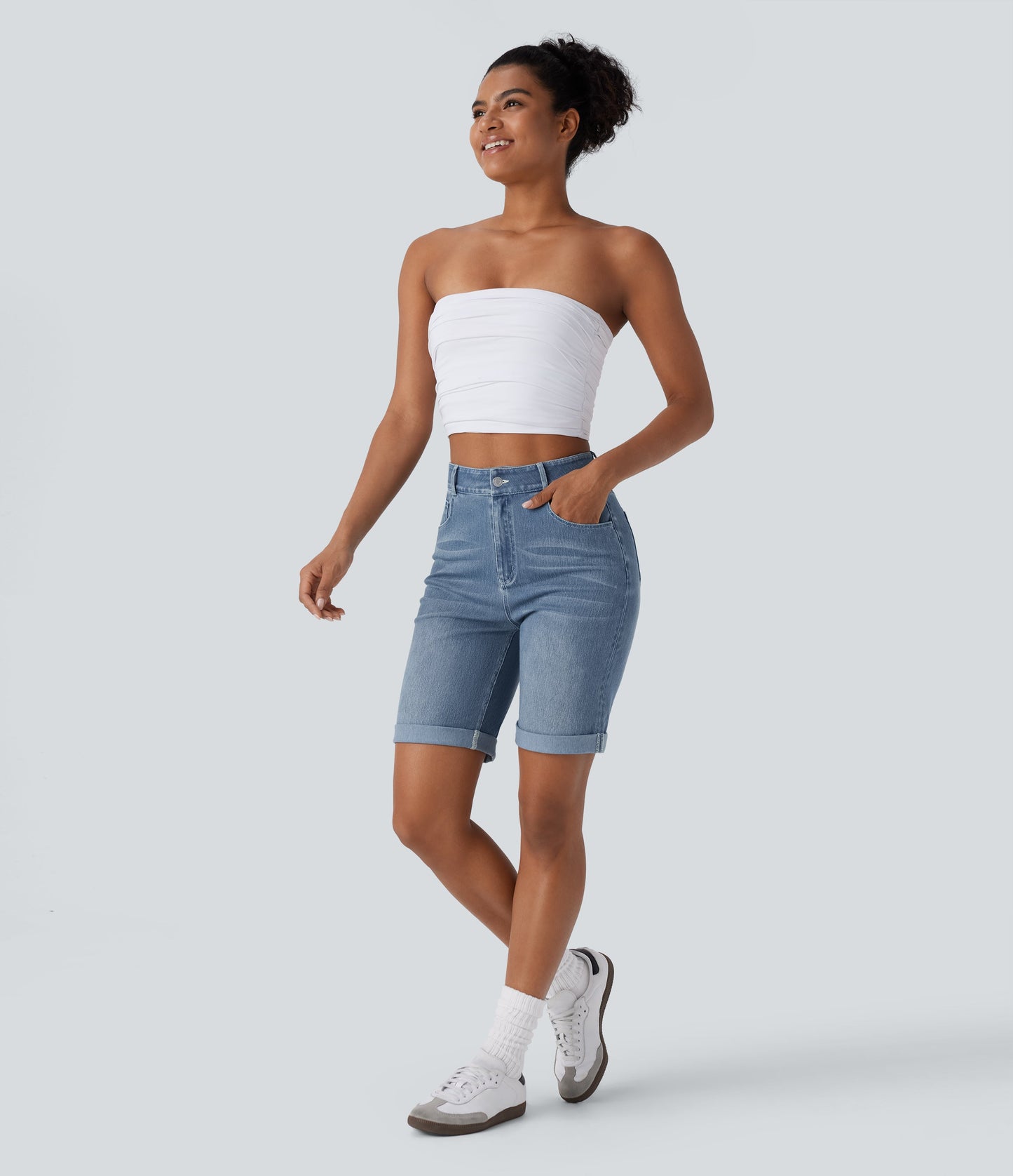 High Waisted Pockets Rolled Hem Washed Denim Casual Bermuda Shorts