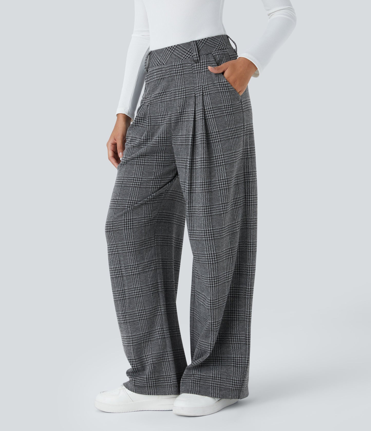 High Waisted Pocket Wide Leg Houndstooth Plaid Casual Pants
