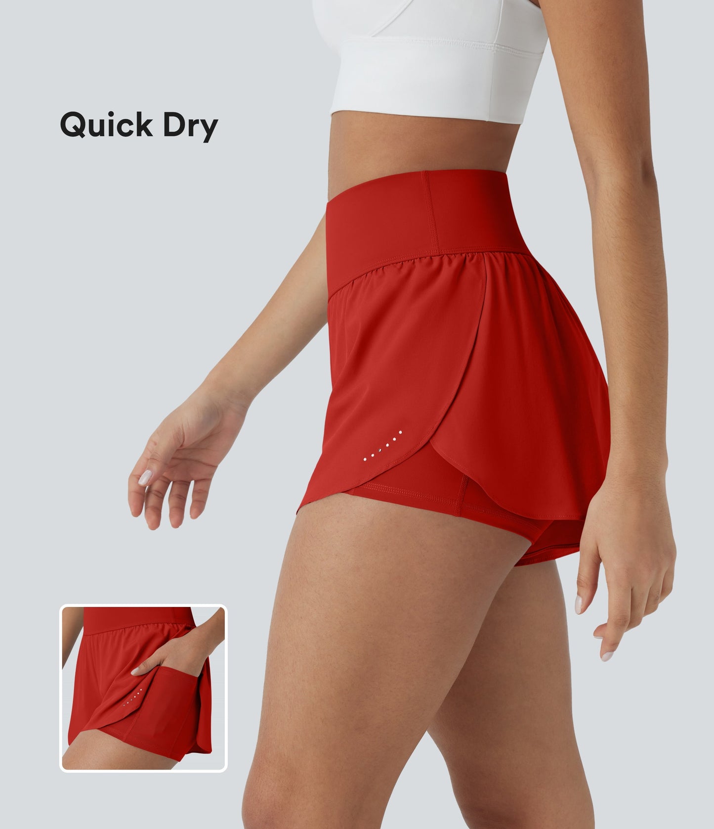 QuickDry High Waisted Reflective Dots Crossover Hem 2-in-1 Pockets Running Shorts