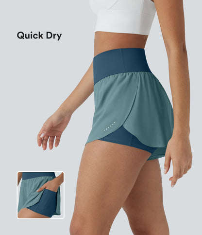 QuickDry High Waisted Reflective Dots Crossover Hem 2-in-1 Pockets Running Shorts