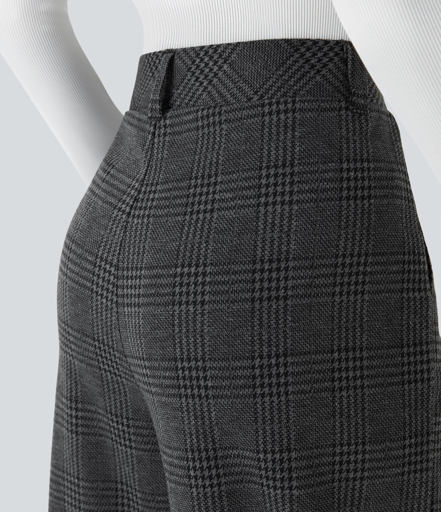 High Waisted Pocket Wide Leg Houndstooth Plaid Casual Pants