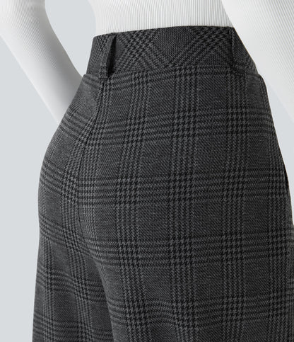 High Waisted Pocket Wide Leg Houndstooth Plaid Casual Pants