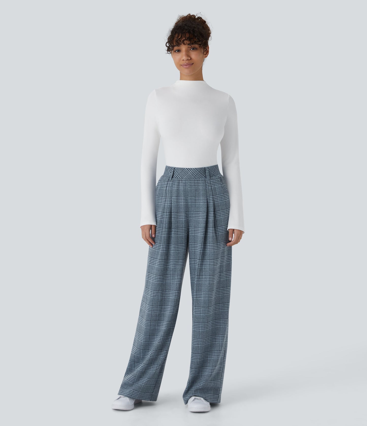 High Waisted Pocket Wide Leg Houndstooth Plaid Casual Pants