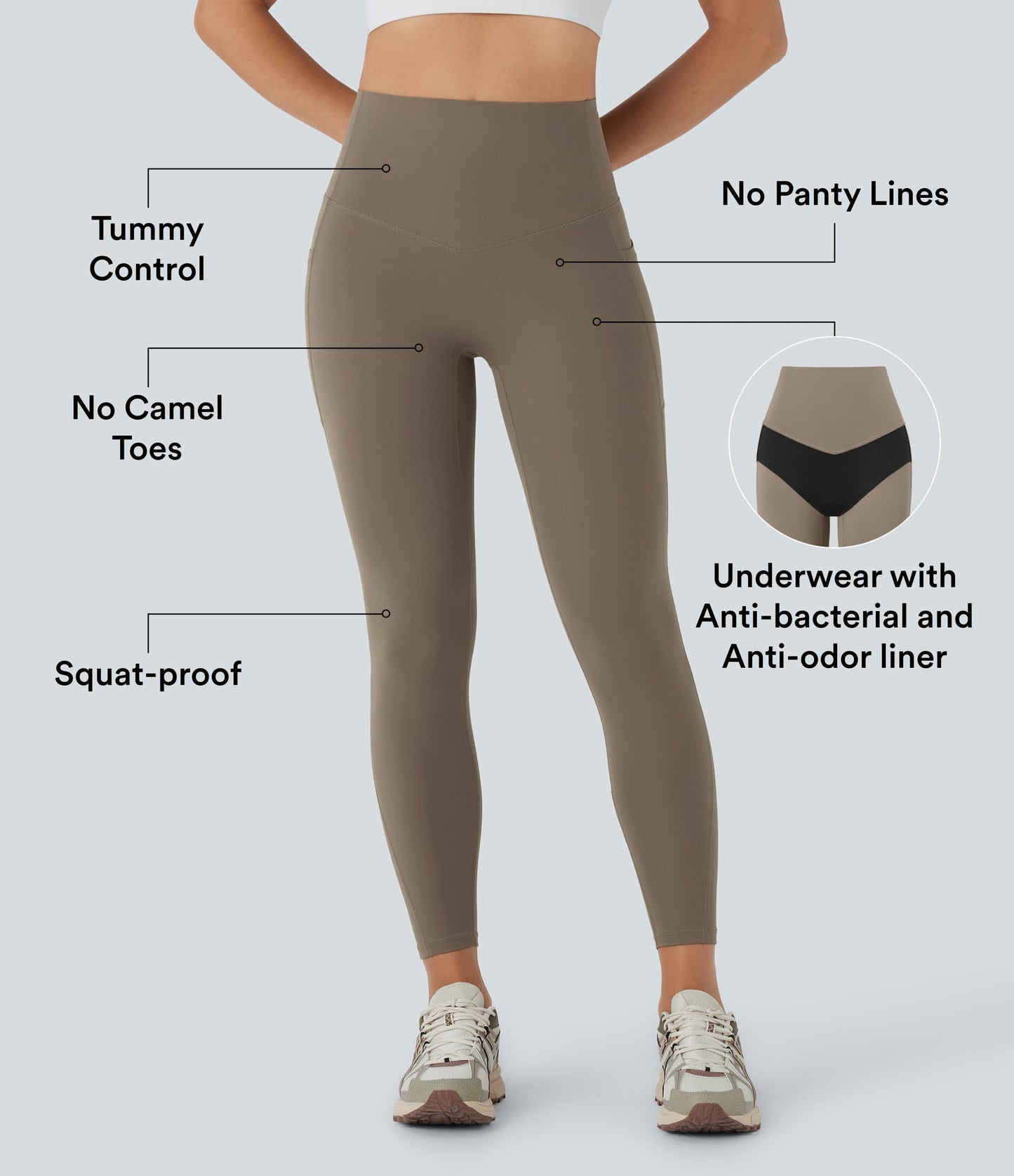 High Waisted Tummy Control Built-in Underwear Anti-Bacterial Shaping 7/8 Workout Leggings with Pockets