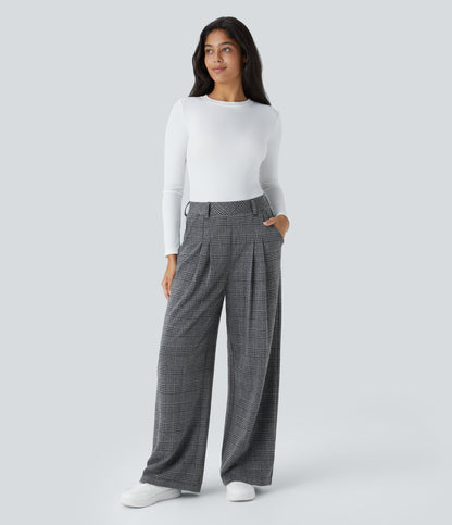 High Waisted Pocket Wide Leg Houndstooth Plaid Casual Pants