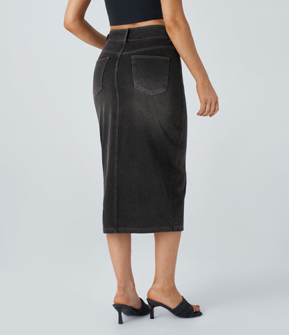 High Waisted Pockets Bodycon Washed Denim Casual Midi Skirt