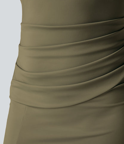 Square Neck Backless Corset Ruched Split Bodycon Midi Cool Touch Bridesmaid and Wedding Guest Dress