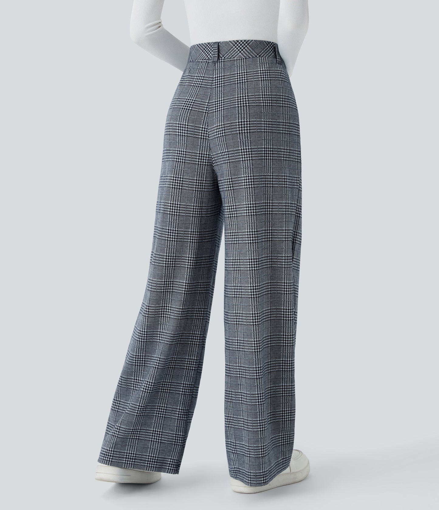 High Waisted Pocket Wide Leg Houndstooth Plaid Casual Pants
