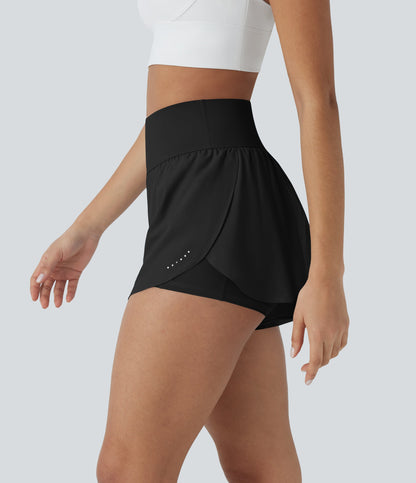 QuickDry High Waisted Reflective Dots Crossover Hem 2-in-1 Pockets Running Shorts