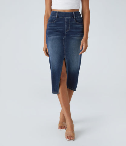 High Waisted Pockets Bodycon Washed Denim Casual Midi Skirt