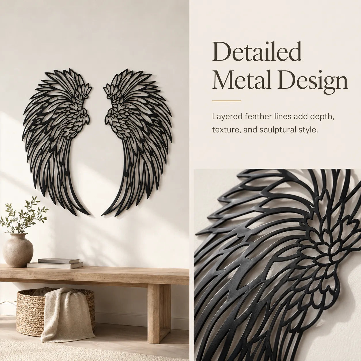 Illuminated Black Metal Angel Wings Wall Decor