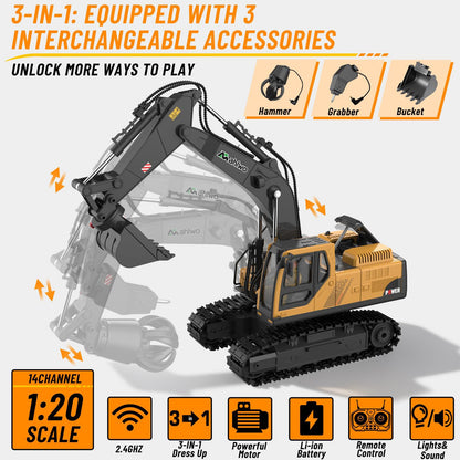 3 in 1 Remote Control Excavator Toy with Metal Bucket/Claw/Drill