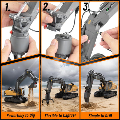 3 in 1 Remote Control Excavator Toy with Metal Bucket/Claw/Drill